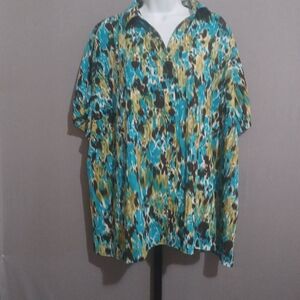 C J Banks shirt green brown button front crinkle sz 3X‎
